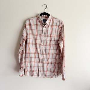 Ben Sherman Tan + Red Monroe Poplin Plaid Button Down Cotton Shirt Medium